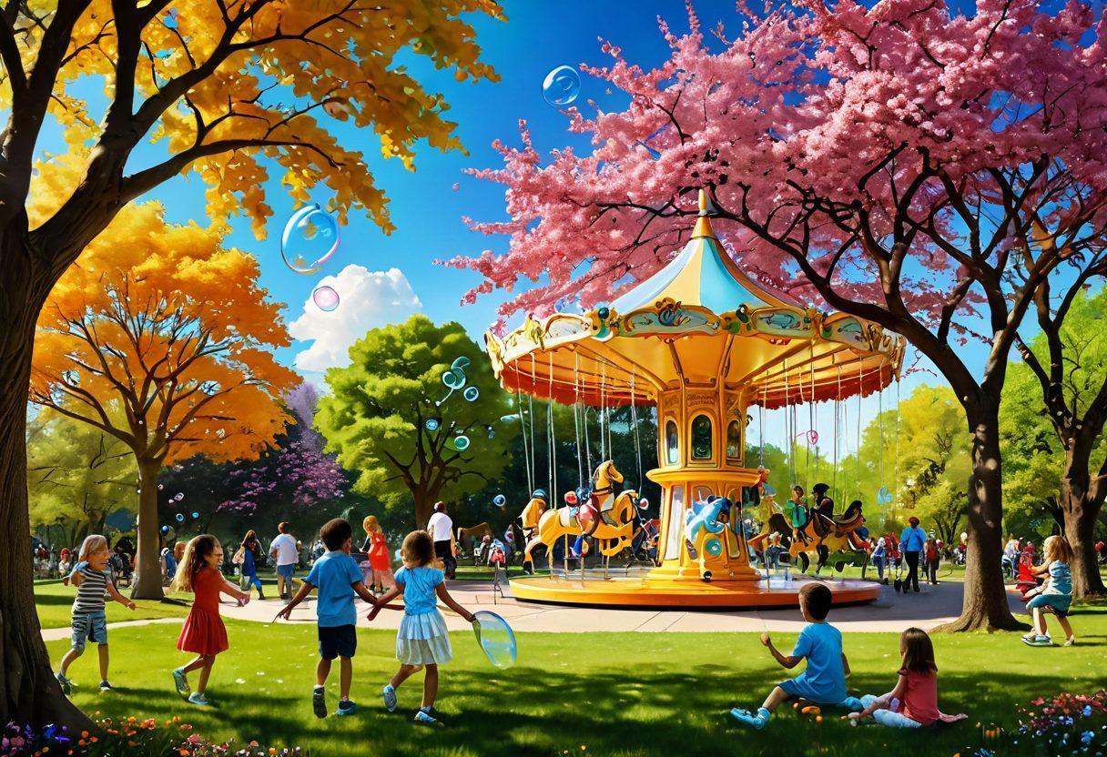 A whimsical scene depicting a colorful park filled with joyful children playing with oversized bubbles, a vibrant carousel, and people enjoying picnics under blooming trees. The atmosphere is filled with laughter and vibrant colors, symbolizing freedom and happiness in everyday moments. Include subtle elements of nature like butterflies and birds to enhance the sense of joy. super-realistic. vibrant colors. cheerful.