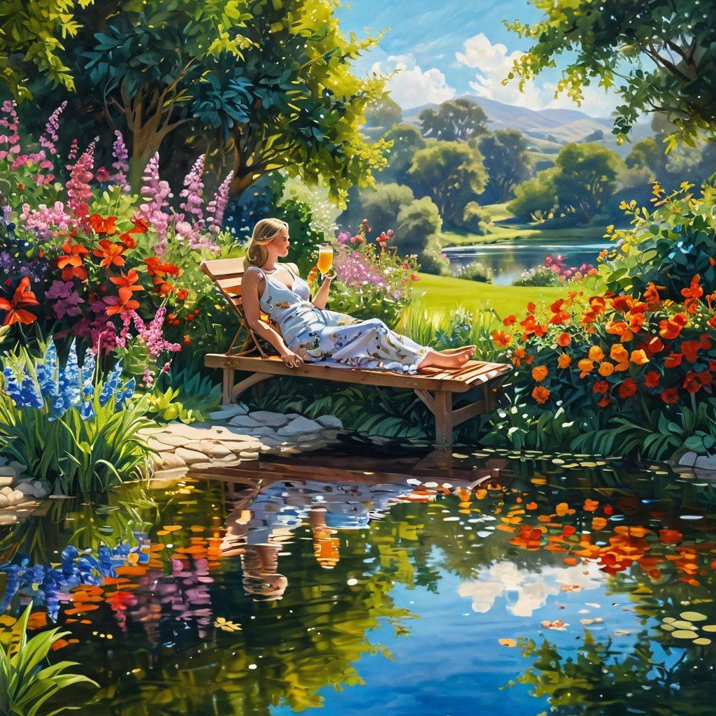A serene scene depicting a person lounging in a lush, sunlit garden filled with colorful flowers and butterflies, sipping a refreshing drink. The background features soft rolling hills and a tranquil pond reflecting the sky, symbolizing freedom and joy. The atmosphere is vibrant and uplifting, inviting viewers to embrace their own blissful journeys. Painting. vibrant colors. soft focus.