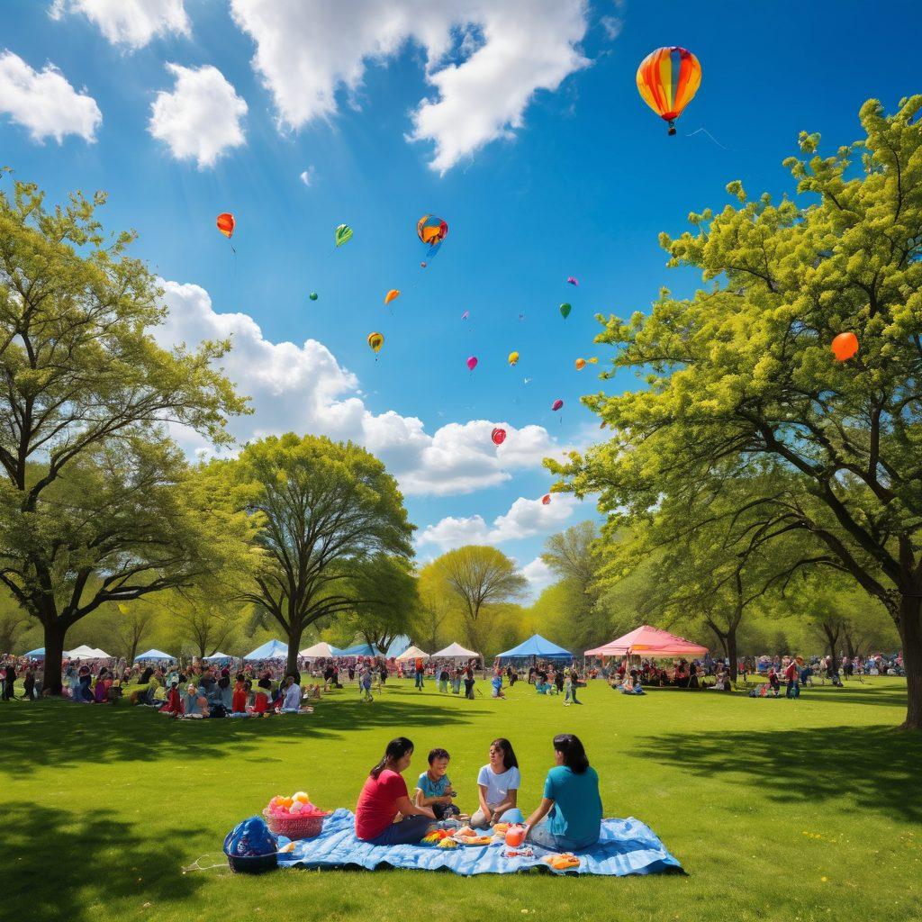 A sunlit park scene filled with joyful people of diverse backgrounds engaging in activities like picnicking, playing games, and laughing together. Surrounding them are blooming flowers, colorful kites, and children playing with balloons, creating an atmosphere of happiness and contentment. Soft clouds drift in a bright blue sky, embodying the essence of gaiety and satisfaction. vibrant colors. super-realistic.
